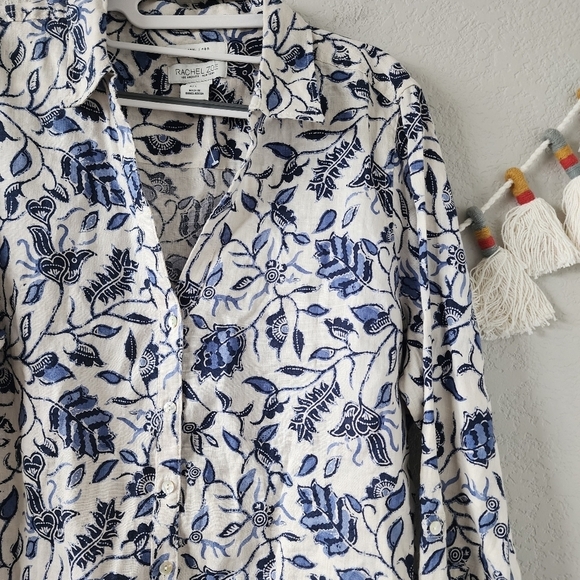 Rachel Zoe 100% Linen Button Up Paisley Floral Peasant Tunic Top Blue Lagenlook - Picture 9 of 12